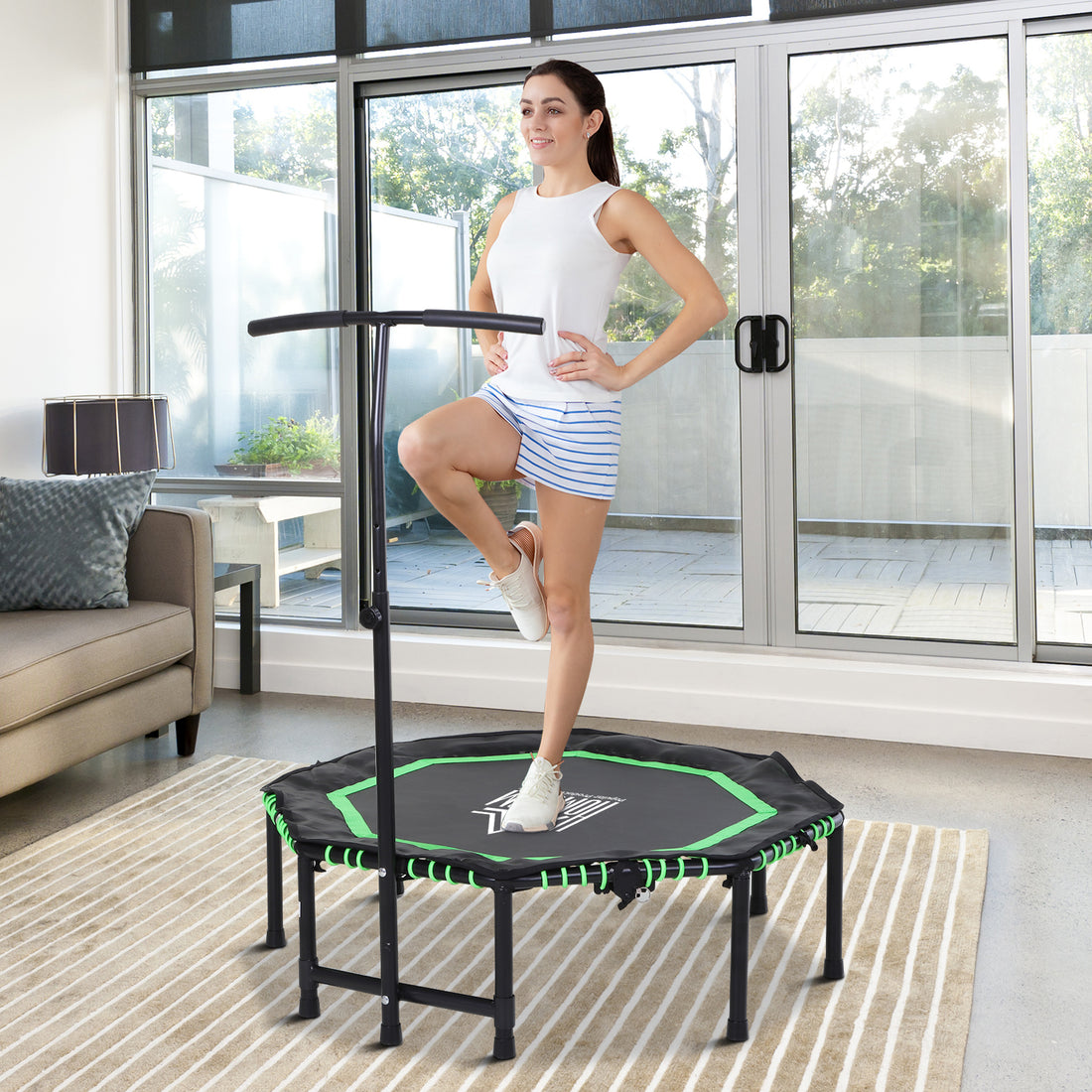 48" Octagonal Mini Fitness Rebounder Trampoline Indoor Outdoor Foldable Mini Jumper With Adjustable Handle, Green