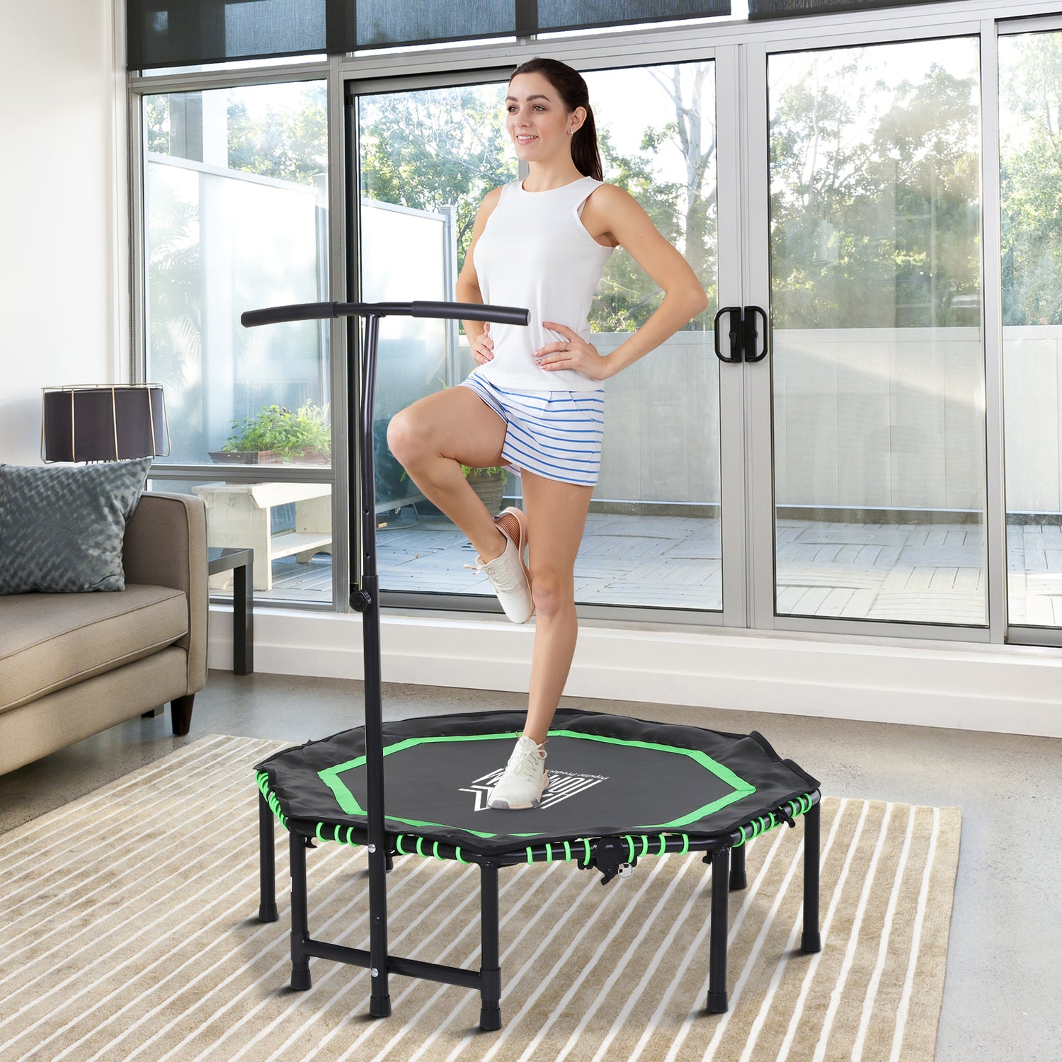 48" Octagonal Mini Fitness Rebounder Trampoline Indoor Outdoor Foldable Mini Jumper With Adjustable Handle, Green